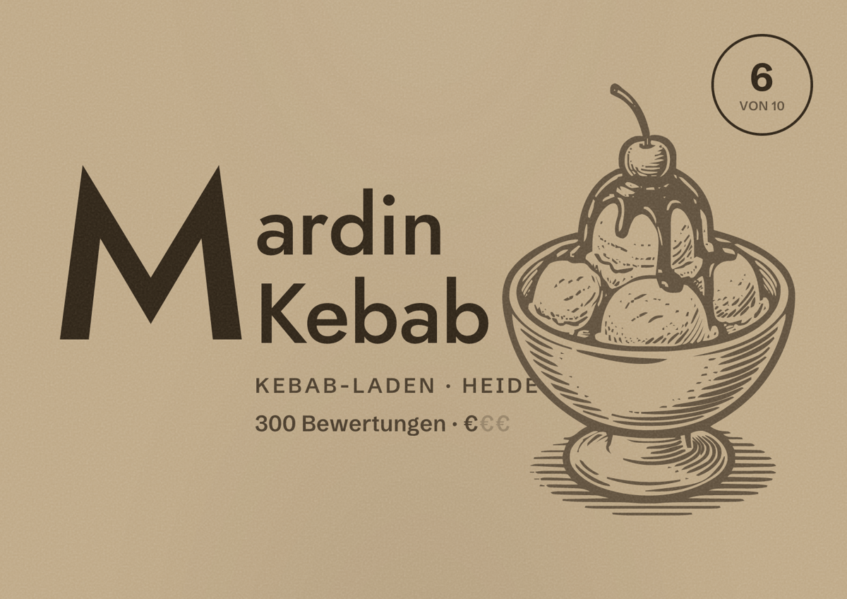 Illustriertes Poster von Mardin Kebab, Kebab-Laden in Heide: Bewertung 6 von 10 aus 300 Bewertungen, Preisniveau €