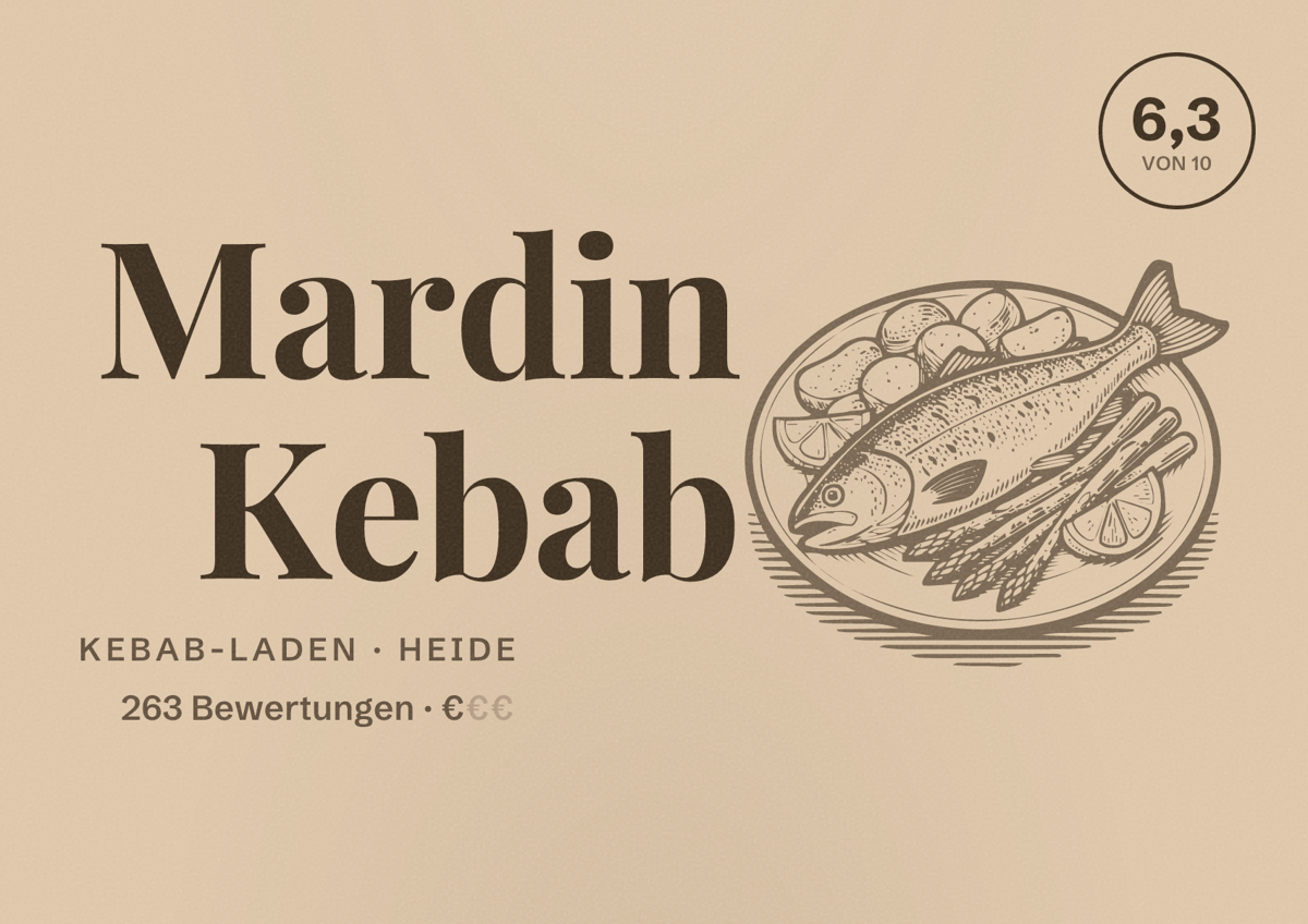 Illustriertes Poster von Mardin Kebab, Kebab-Laden in Heide: Bewertung 6,3 von 10 aus 263 Bewertungen, Preisniveau €