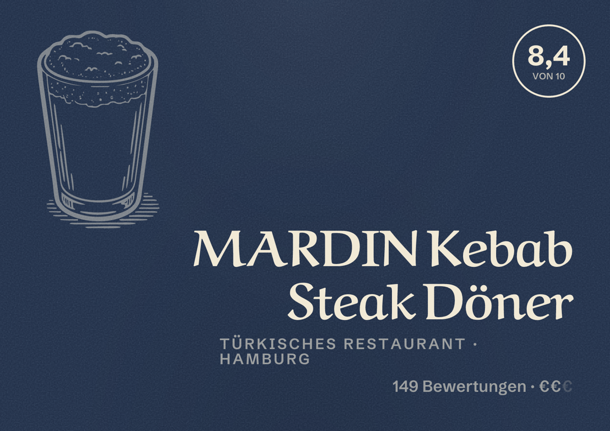 Illustriertes Poster von MARDIN Kebab Steak Döner, Türkisches Restaurant in Hamburg: Bewertung 8,4 von 10 aus 149 Bewertungen, Preisniveau €€
