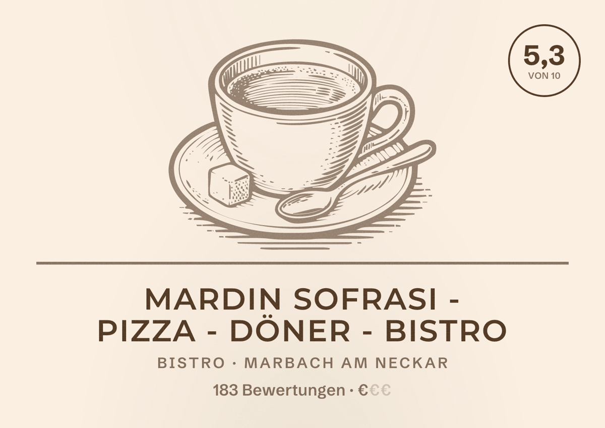 Illustriertes Poster von Mardin Sofrasi - Pizza - Döner - Bistro, Bistro in Marbach am Neckar: Bewertung 5,3 von 10 aus 183 Bewertungen, Preisniveau €