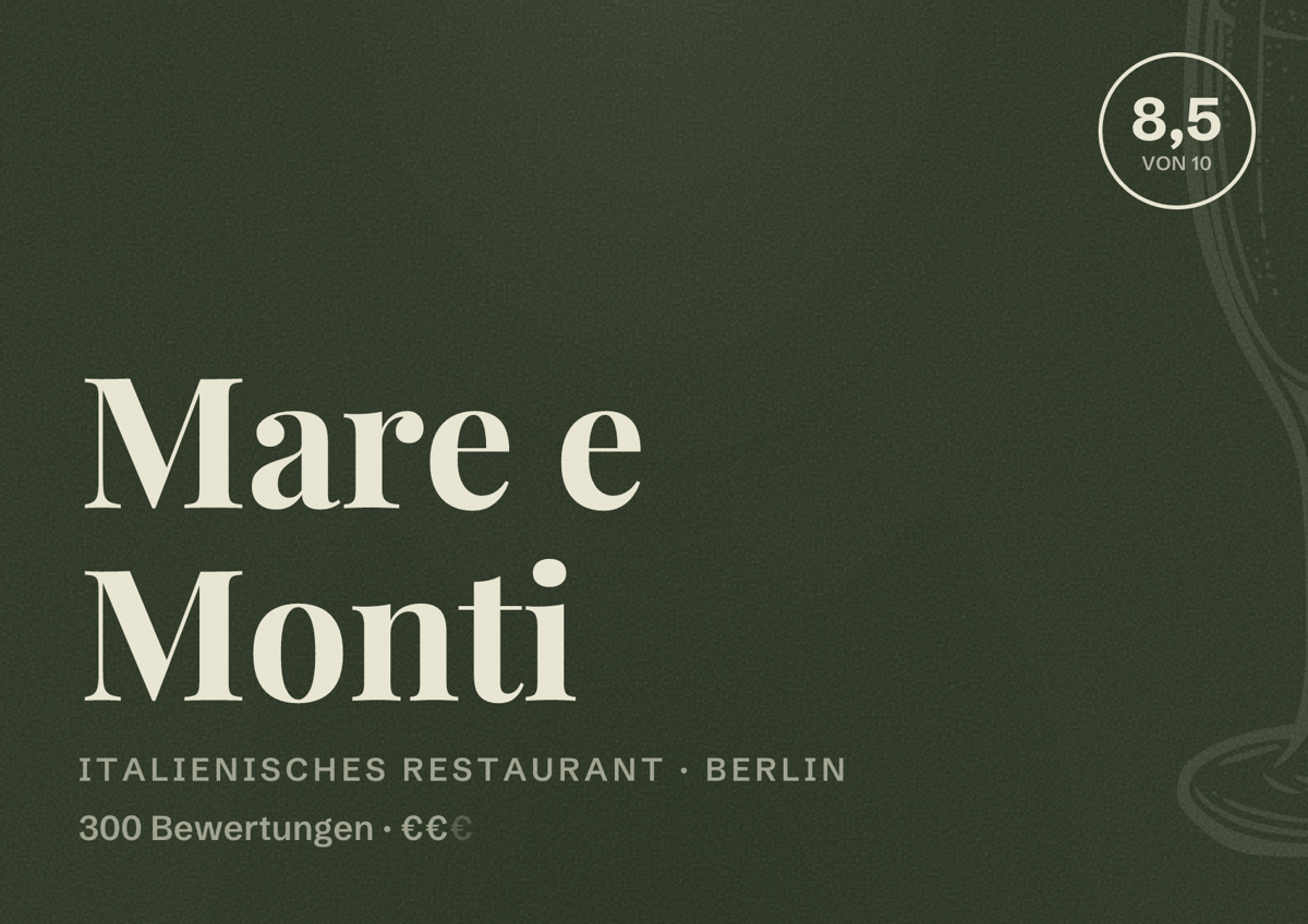Illustriertes Poster von Mare e Monti, Italienisches Restaurant in Berlin: Bewertung 8,5 von 10 aus 300 Bewertungen, Preisniveau €€