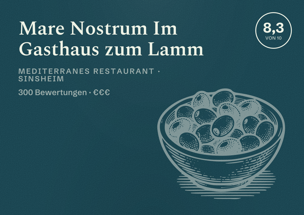 Illustriertes Poster von Mare Nostrum Im Gasthaus zum Lamm, Mediterranes Restaurant in Sinsheim: Bewertung 8,3 von 10 aus 300 Bewertungen, Preisniveau €€€