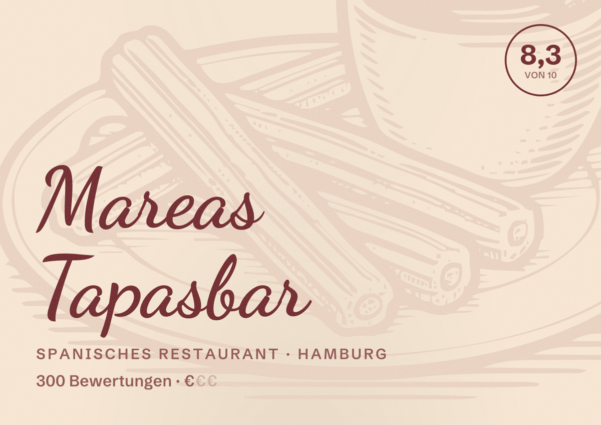 Illustriertes Poster von Mareas Tapasbar, Spanisches Restaurant in Hamburg: Bewertung 8,3 von 10 aus 300 Bewertungen, Preisniveau €