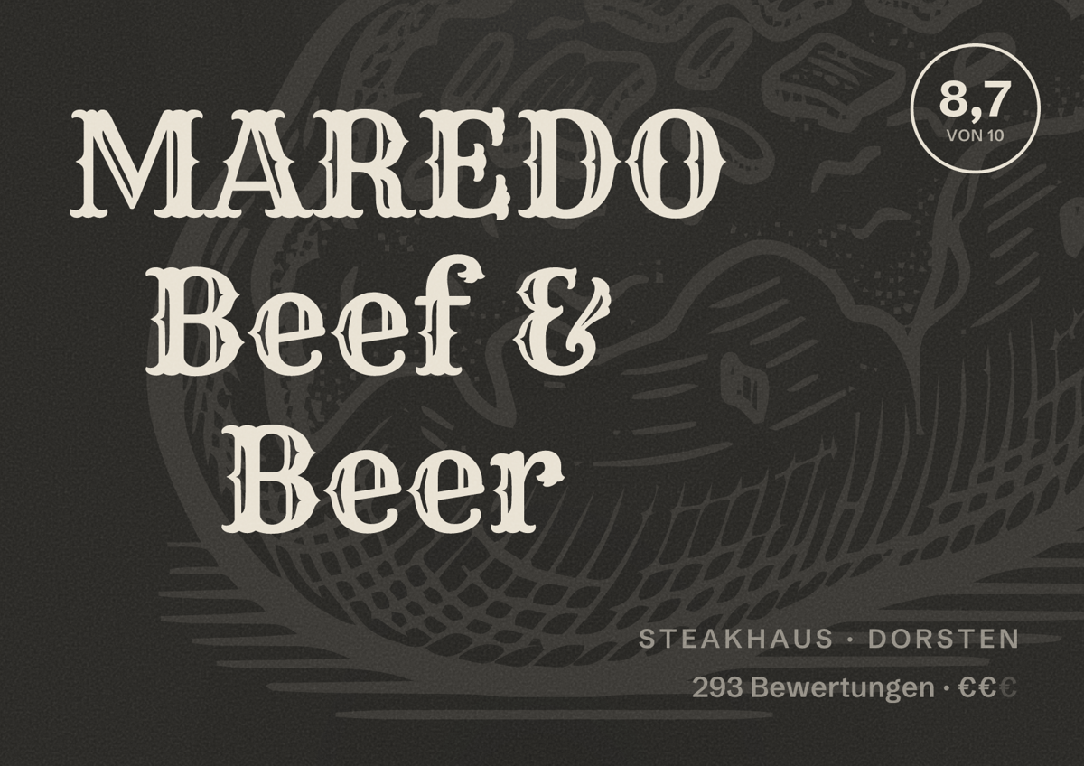 Illustriertes Poster von MAREDO Beef & Beer, Steakhaus in Dorsten: Bewertung 8,7 von 10 aus 293 Bewertungen, Preisniveau €€