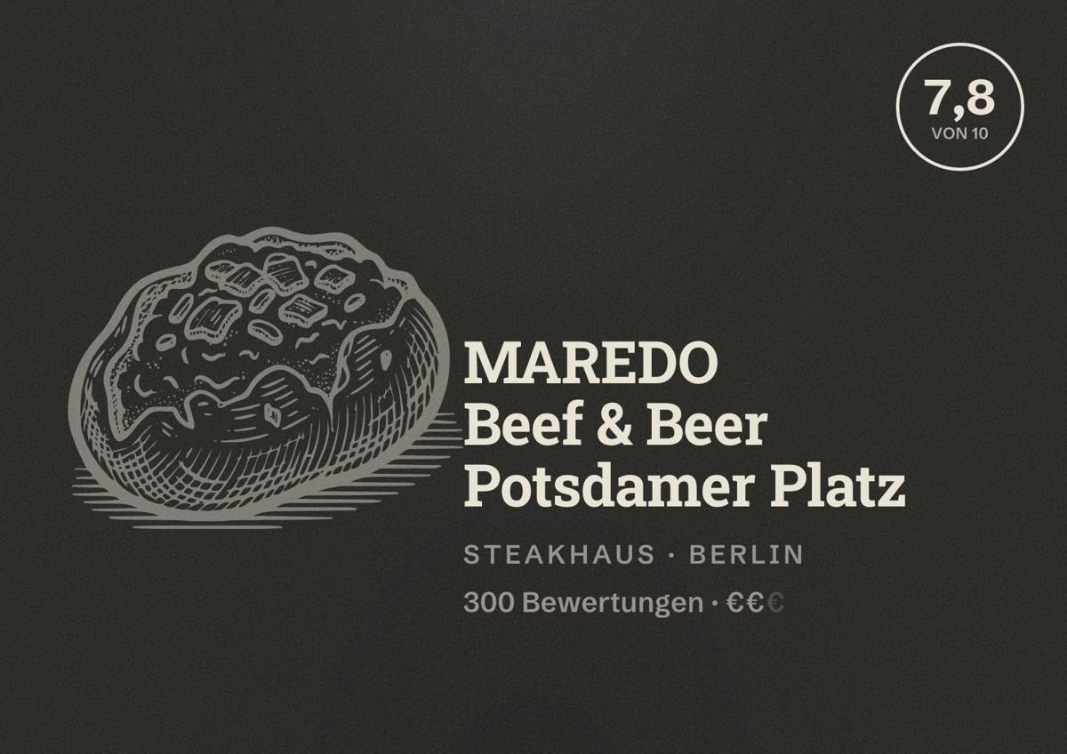 Illustriertes Poster von MAREDO Beef & Beer Potsdamer Platz, Steakhaus in Berlin: Bewertung 7,8 von 10 aus 300 Bewertungen, Preisniveau €€