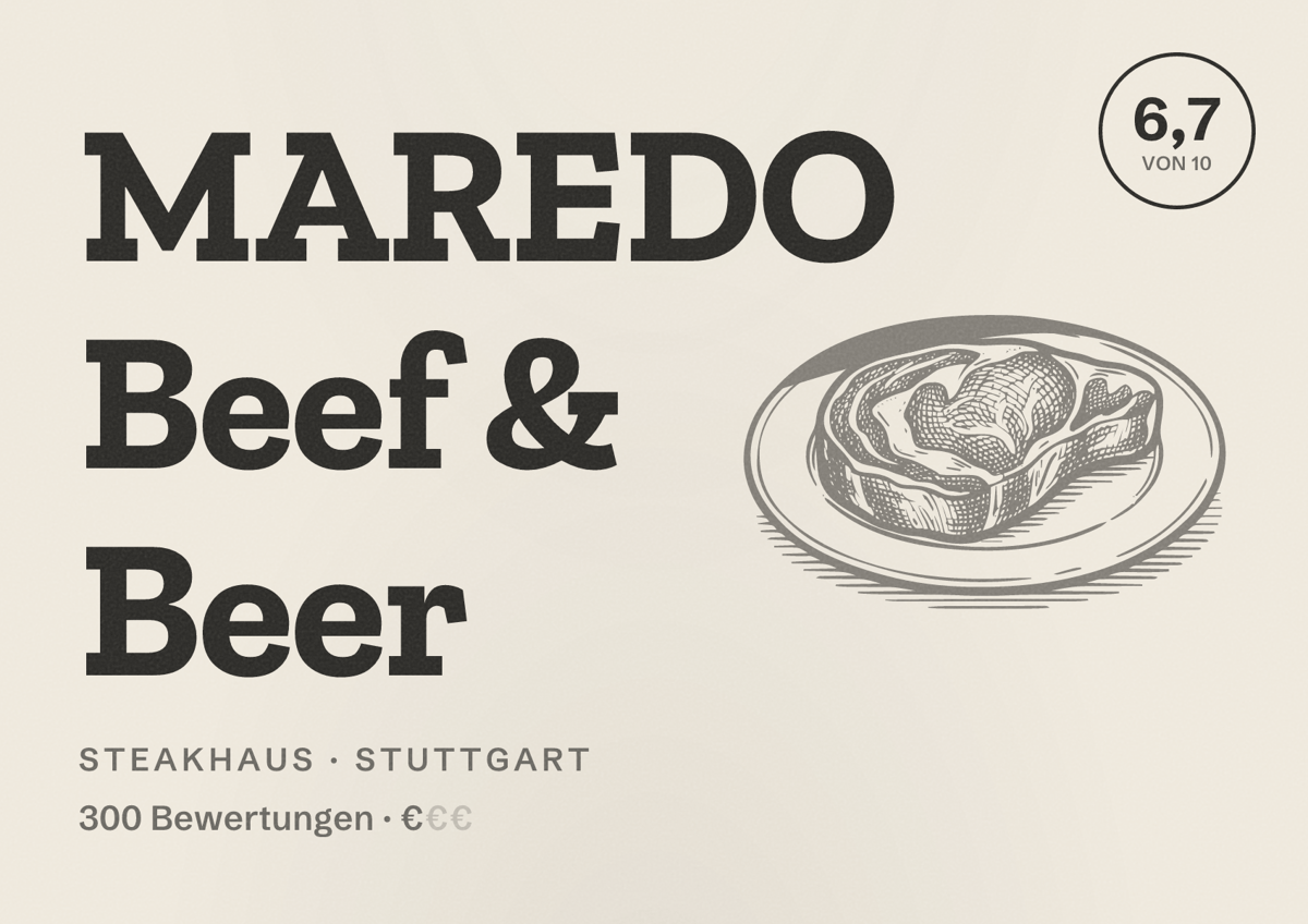 Illustriertes Poster von MAREDO Beef & Beer, Steakhaus in Stuttgart: Bewertung 6,7 von 10 aus 300 Bewertungen, Preisniveau €