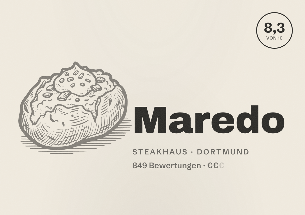 Illustriertes Poster von Maredo, Steakhaus in Dortmund: Bewertung 8,3 von 10 aus 849 Bewertungen, Preisniveau €€