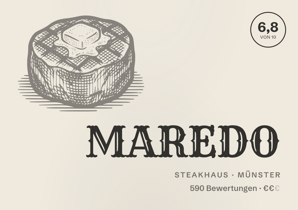 Illustriertes Poster von MAREDO, Steakhaus in Münster: Bewertung 6,8 von 10 aus 590 Bewertungen, Preisniveau €€