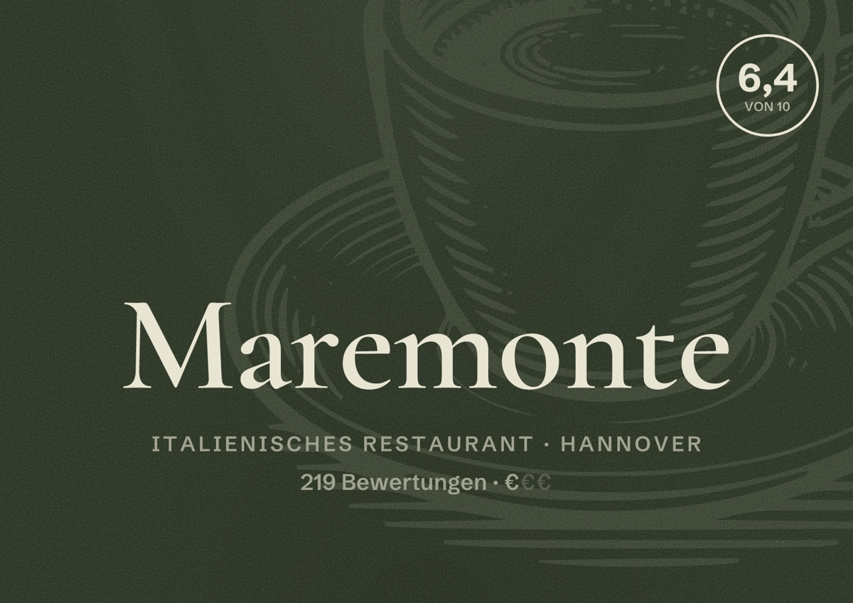 Illustriertes Poster von Maremonte, Italienisches Restaurant in Hannover: Bewertung 6,4 von 10 aus 219 Bewertungen, Preisniveau €