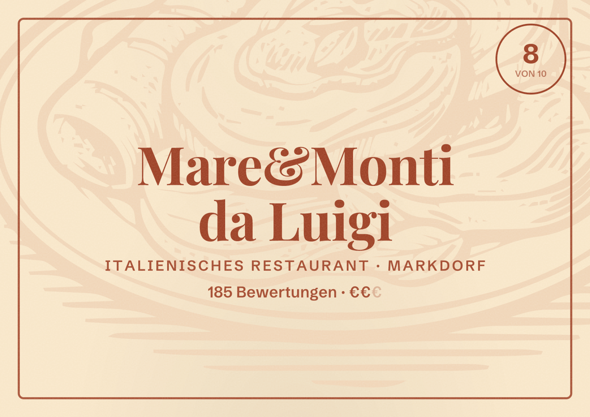 Illustriertes Poster von Mare&Monti da Luigi, Italienisches Restaurant in Markdorf: Bewertung 8 von 10 aus 185 Bewertungen, Preisniveau €€