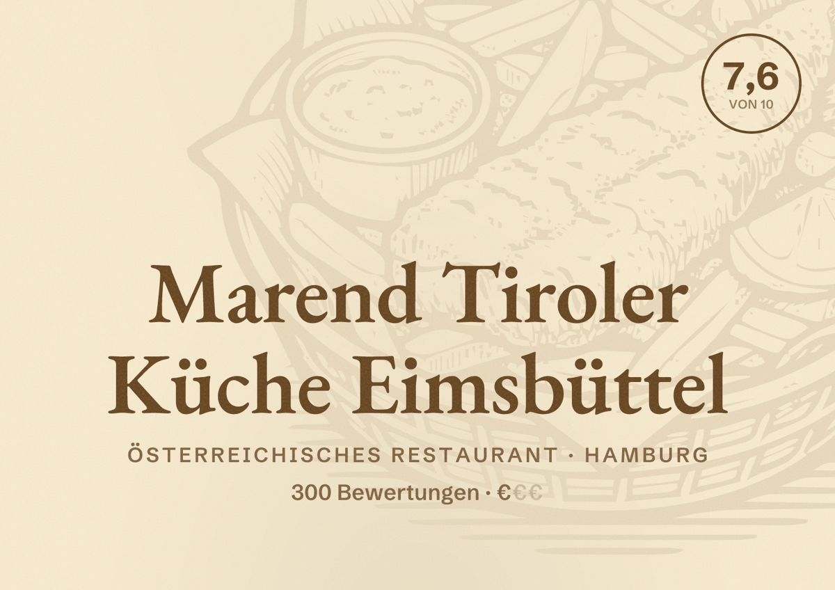 Illustriertes Poster von Marend Tiroler Küche Eimsbüttel, Österreichisches Restaurant in Hamburg: Bewertung 7,6 von 10 aus 300 Bewertungen, Preisniveau €