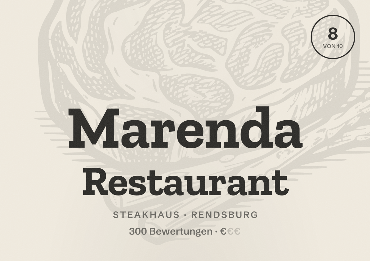 Illustriertes Poster von Marenda Restaurant, Steakhaus in Rendsburg: Bewertung 8 von 10 aus 300 Bewertungen, Preisniveau €