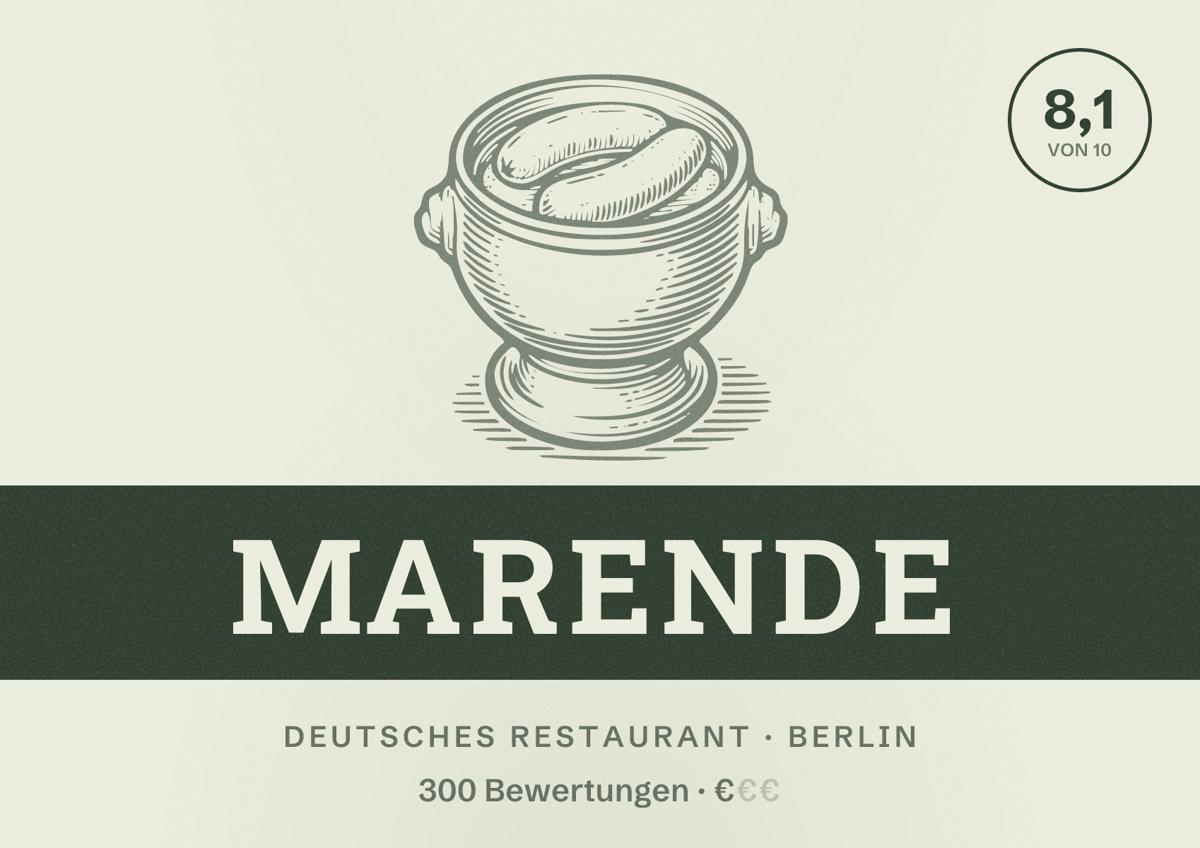 Illustriertes Poster von Marende, Deutsches Restaurant in Berlin: Bewertung 8,1 von 10 aus 300 Bewertungen, Preisniveau €