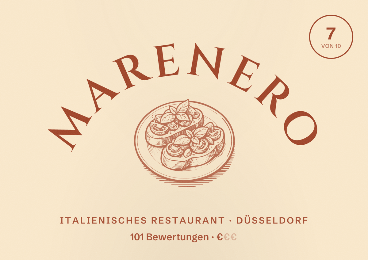 Illustriertes Poster von MareNero, Italienisches Restaurant in Düsseldorf: Bewertung 7,0 von 10 aus 101 Bewertungen, Preisniveau €