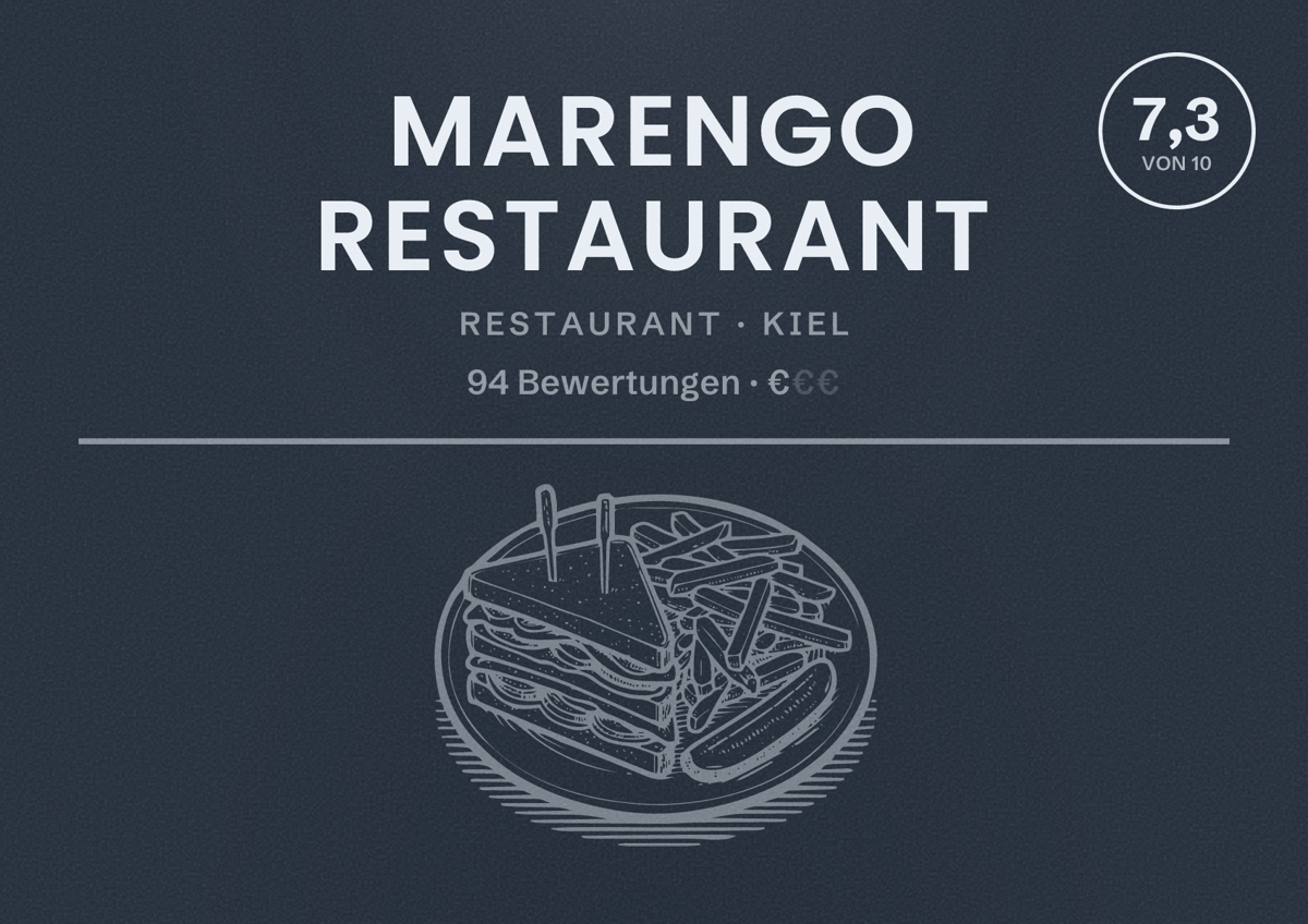 Illustriertes Poster von MARENGO Restaurant, Restaurant in Kiel: Bewertung 7,3 von 10 aus 94 Bewertungen, Preisniveau €