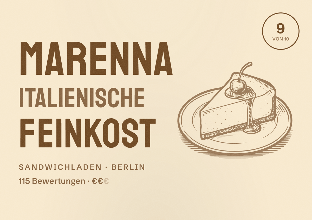 Illustriertes Poster von Marenna Italienische Feinkost, Sandwichladen in Berlin: Bewertung 9,0 von 10 aus 115 Bewertungen, Preisniveau €€