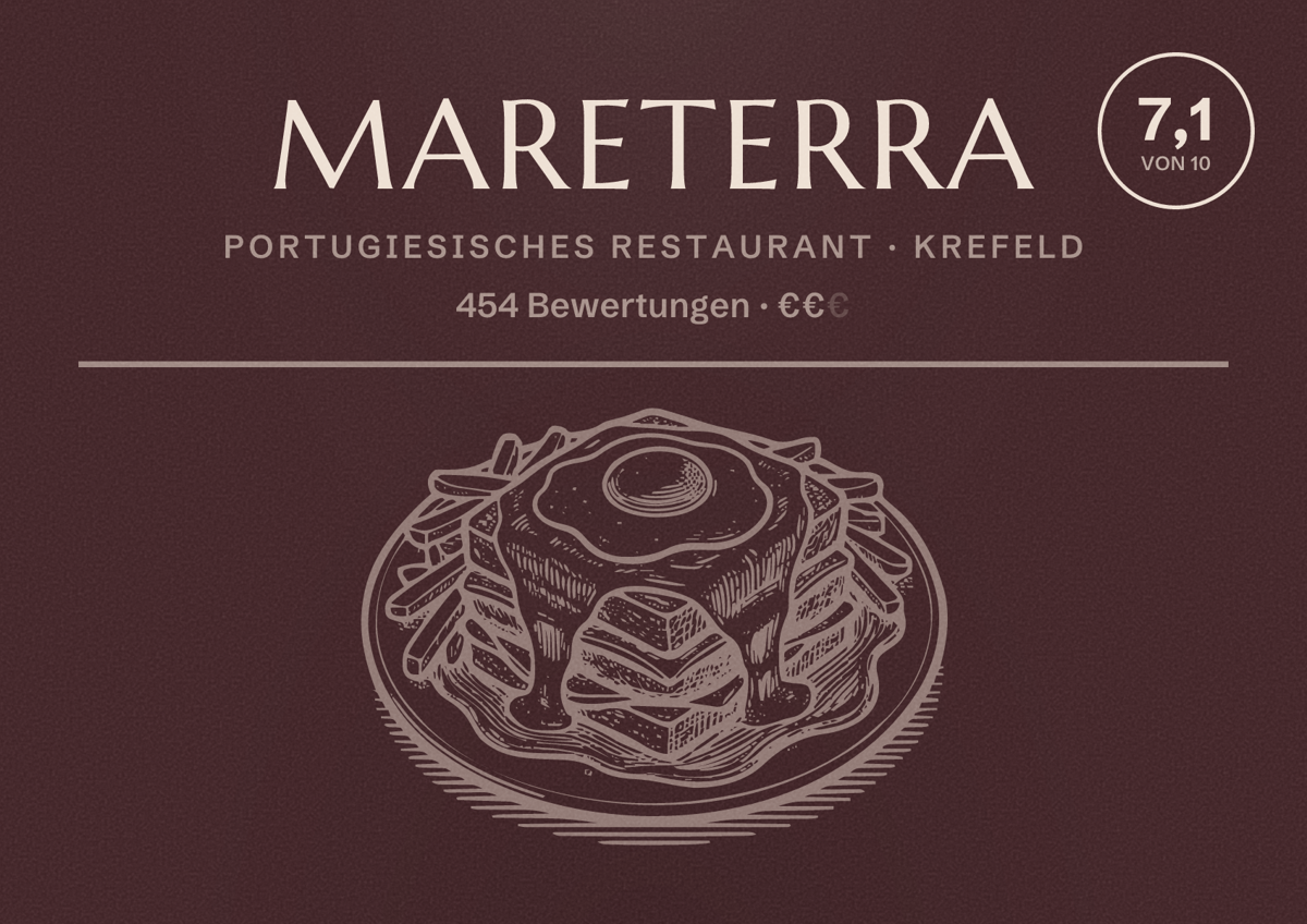 Illustriertes Poster von MARETERRA, Portugiesisches Restaurant in Krefeld: Bewertung 7,1 von 10 aus 454 Bewertungen, Preisniveau €€