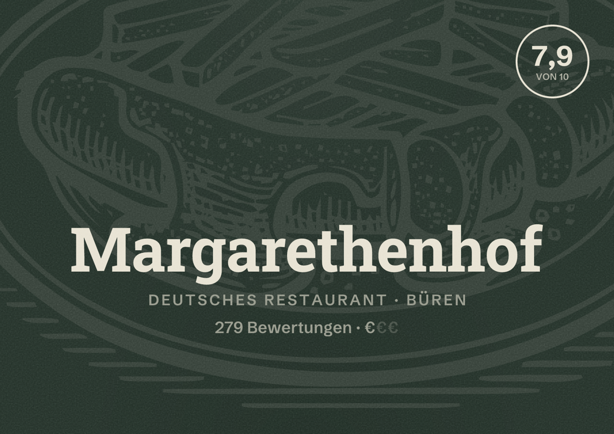 Illustriertes Poster von Margarethenhof, Deutsches Restaurant in Büren: Bewertung 7,9 von 10 aus 279 Bewertungen, Preisniveau €