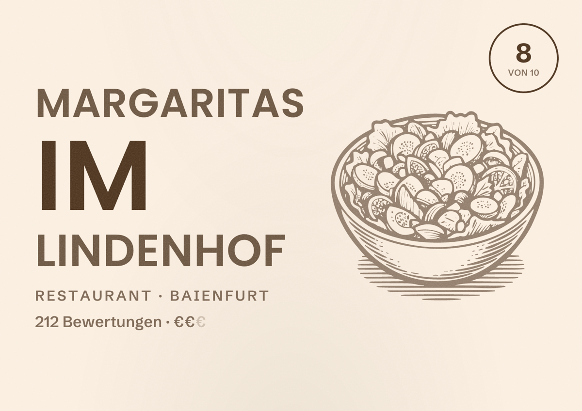Illustriertes Poster von Margaritas im Lindenhof, Restaurant in Baienfurt: Bewertung 8 von 10 aus 212 Bewertungen, Preisniveau €€