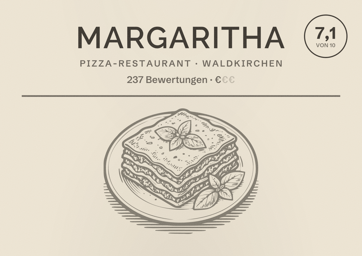 Illustriertes Poster von Margaritha, Pizza-Restaurant in Waldkirchen: Bewertung 7,1 von 10 aus 237 Bewertungen, Preisniveau €