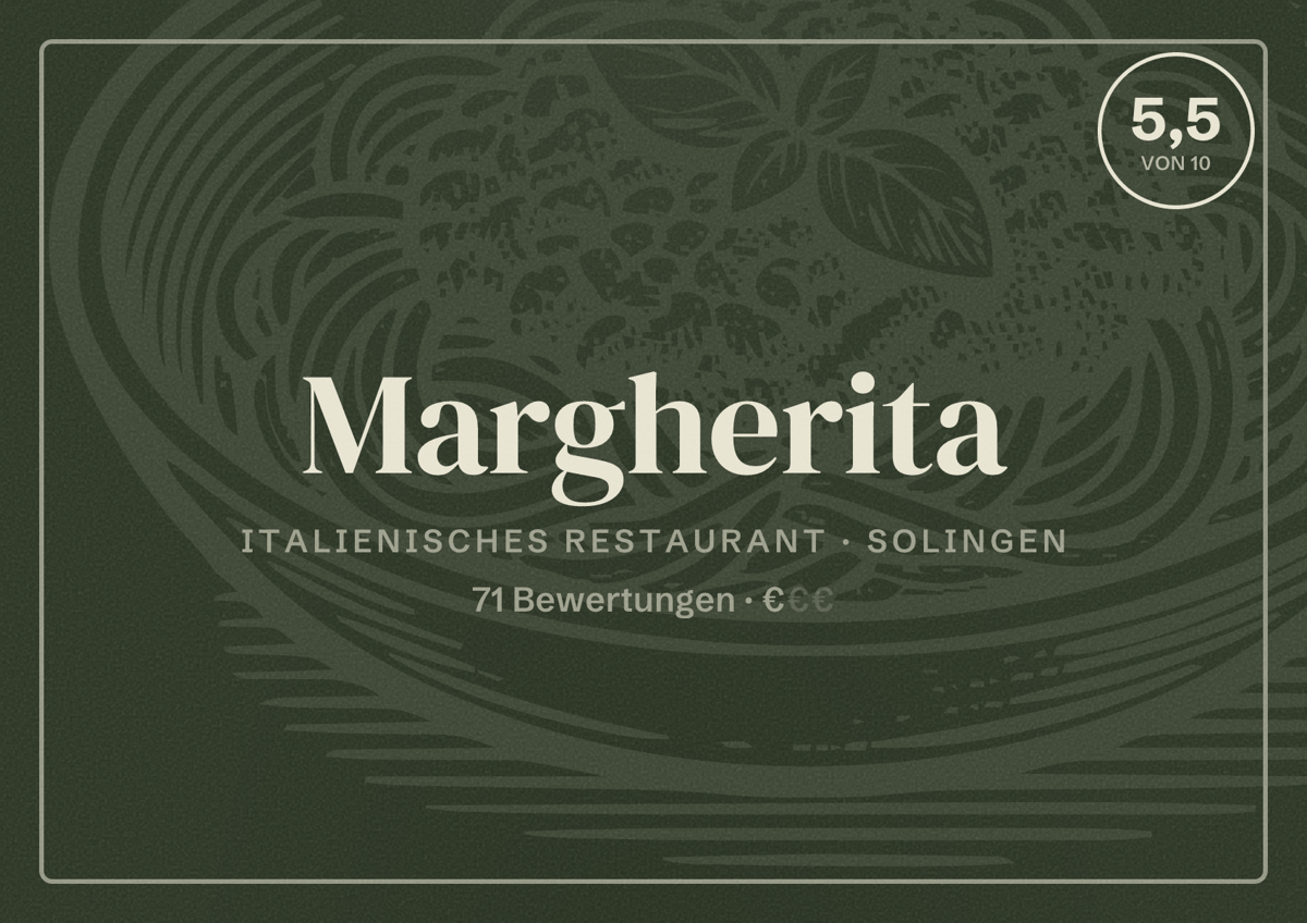 Illustriertes Poster von Margherita, Italienisches Restaurant in Solingen: Bewertung 5,5 von 10 aus 71 Bewertungen, Preisniveau €