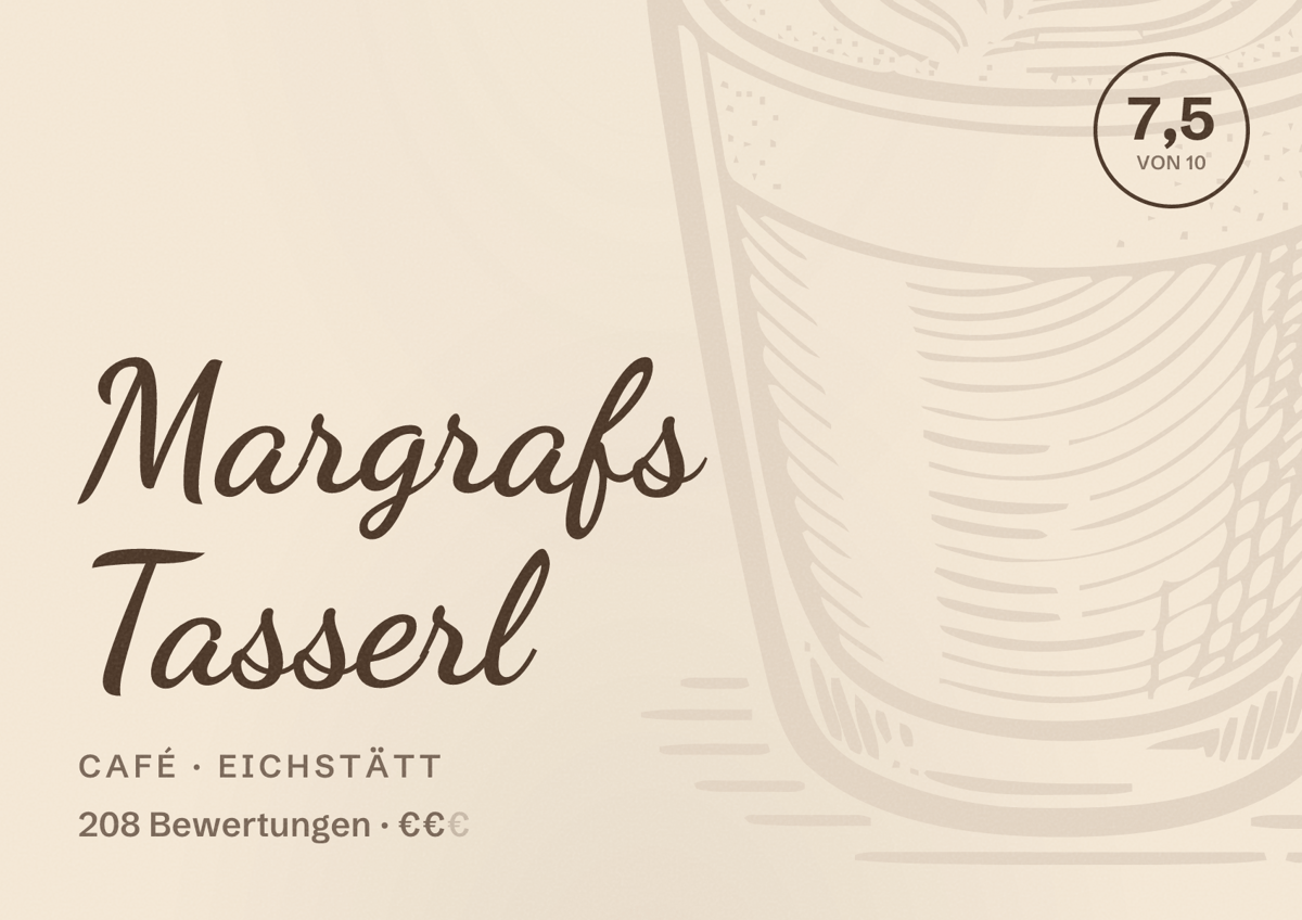 Illustriertes Poster von Margrafs Tasserl, Café in Eichstätt: Bewertung 7,5 von 10 aus 208 Bewertungen, Preisniveau €€