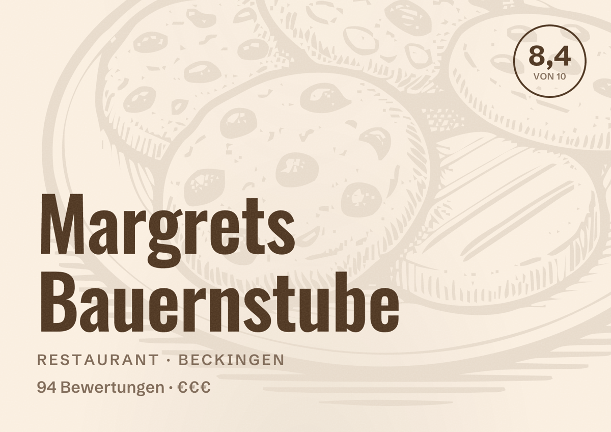 Illustriertes Poster von Margrets Bauernstube, Restaurant in Beckingen: Bewertung 8,4 von 10 aus 94 Bewertungen, Preisniveau €€€