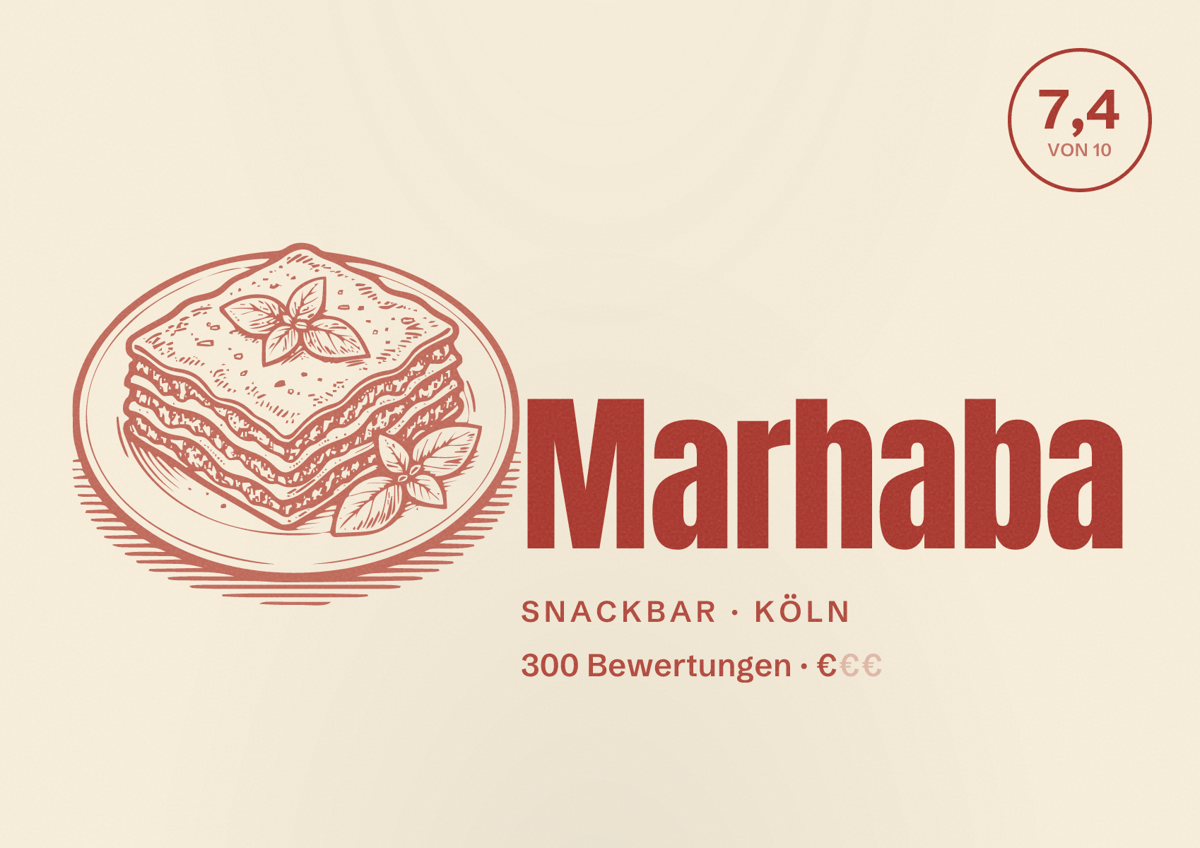 Illustriertes Poster von Marhaba, Snackbar in Köln: Bewertung 7,4 von 10 aus 300 Bewertungen, Preisniveau €
