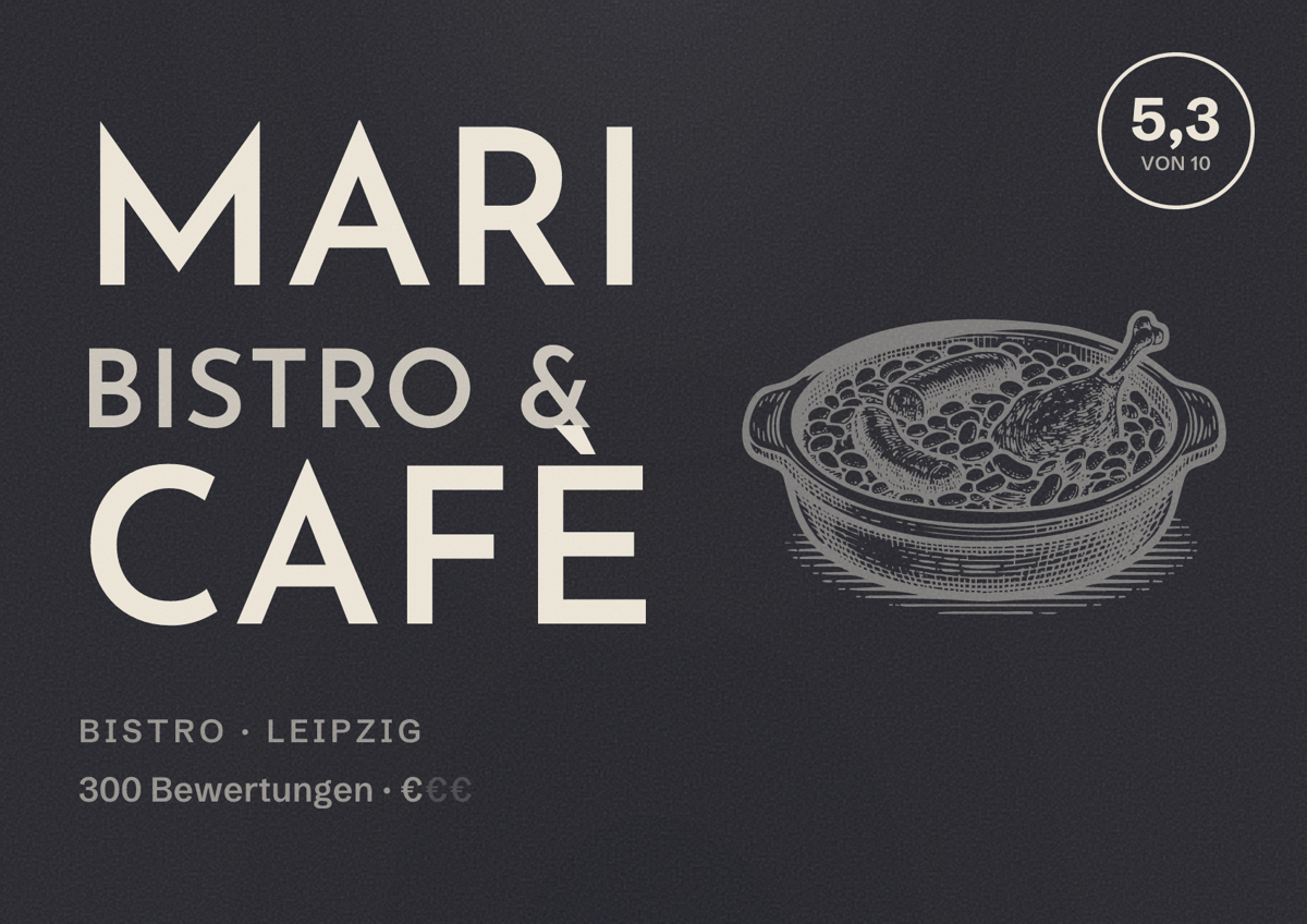 Illustriertes Poster von Mari Bistro & Cafè, Bistro in Leipzig: Bewertung 5,3 von 10 aus 300 Bewertungen, Preisniveau €