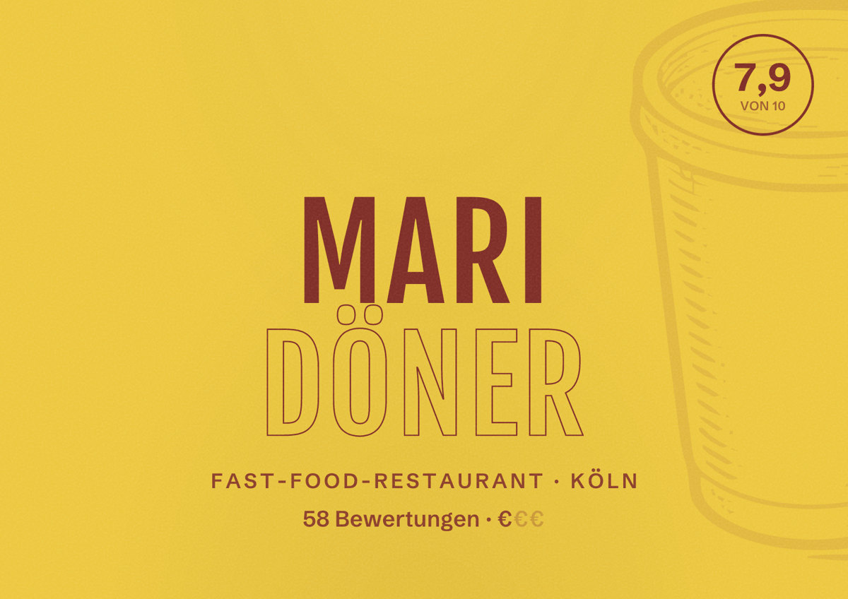 Illustriertes Poster von Mari Döner, Fast-Food-Restaurant in Köln: Bewertung 7,9 von 10 aus 58 Bewertungen, Preisniveau €