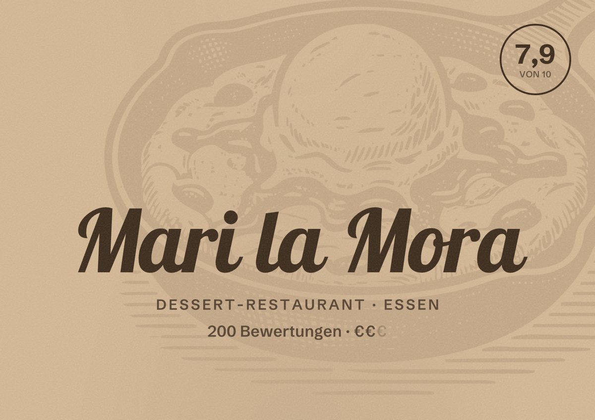 Illustriertes Poster von Mari la Mora, Dessert-Restaurant in Essen: Bewertung 7,9 von 10 aus 200 Bewertungen, Preisniveau €€