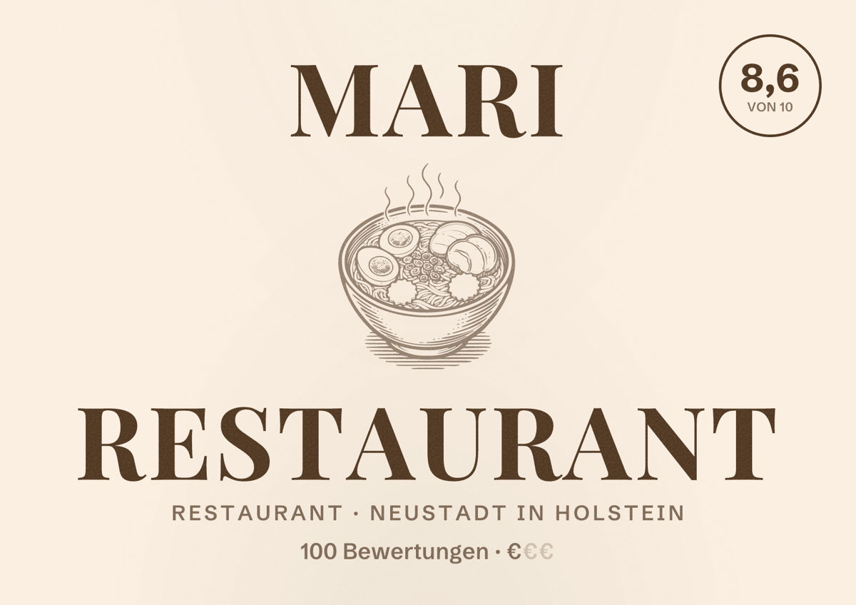Illustriertes Poster von MARI RESTAURANT, Restaurant in Neustadt in Holstein: Bewertung 8,6 von 10 aus 100 Bewertungen, Preisniveau €