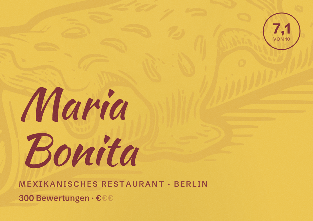 Illustriertes Poster von Maria Bonita, Mexikanisches Restaurant in Berlin: Bewertung 7,1 von 10 aus 300 Bewertungen, Preisniveau €