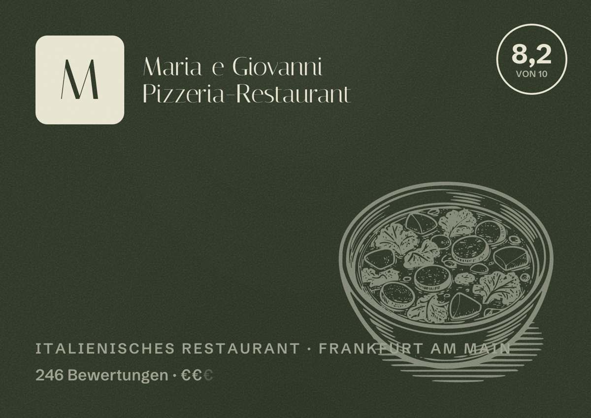 Illustriertes Poster von Maria e Giovanni Pizzeria-Restaurant, Italienisches Restaurant in Frankfurt am Main: Bewertung 8,2 von 10 aus 246 Bewertungen, Preisniveau €€