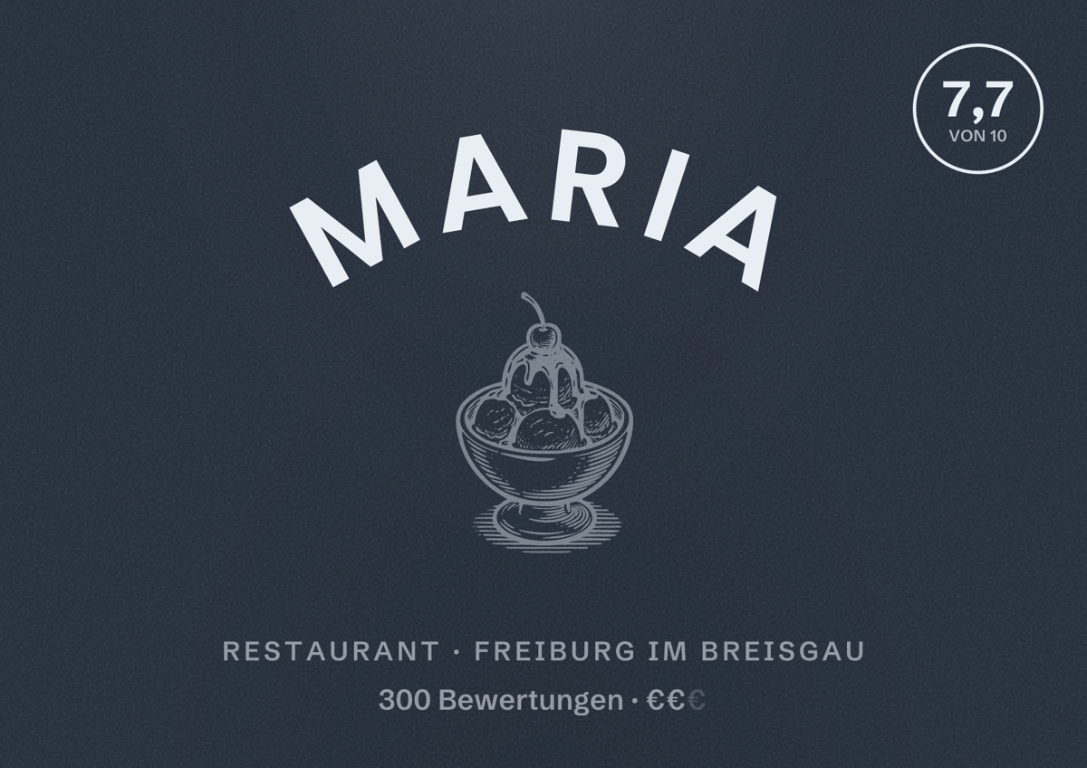 Illustriertes Poster von Maria, Restaurant in Freiburg im Breisgau: Bewertung 7,7 von 10 aus 300 Bewertungen, Preisniveau €€