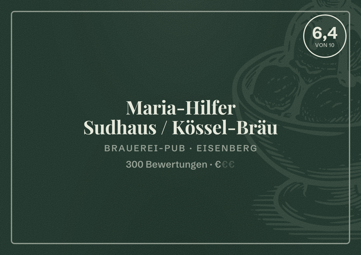 Illustriertes Poster von Maria-Hilfer Sudhaus / Kössel-Bräu, Brauerei-Pub in Eisenberg: Bewertung 6,4 von 10 aus 300 Bewertungen, Preisniveau €