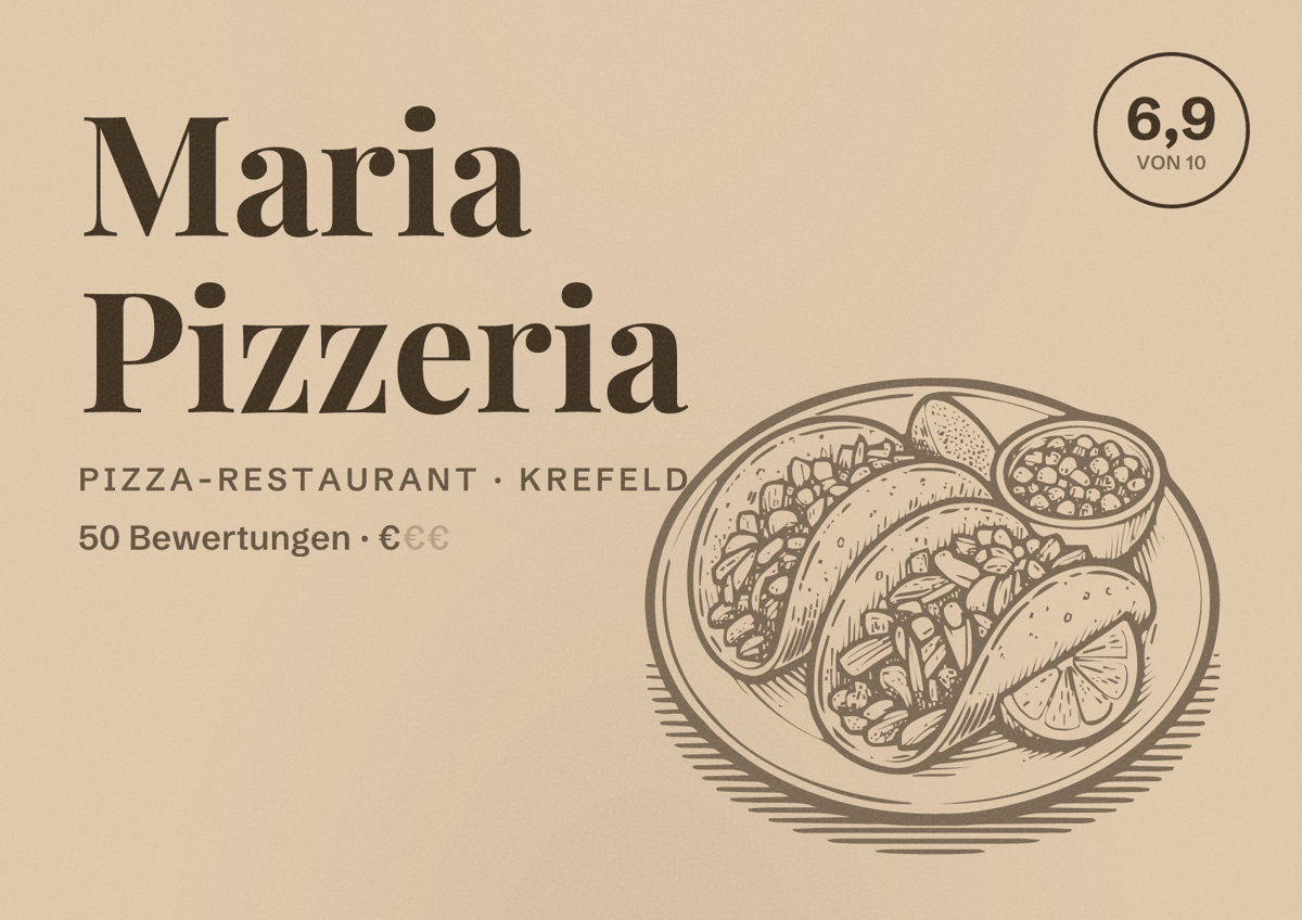 Illustriertes Poster von Maria Pizzeria, Pizza-Restaurant in Krefeld: Bewertung 6,9 von 10 aus 50 Bewertungen, Preisniveau €