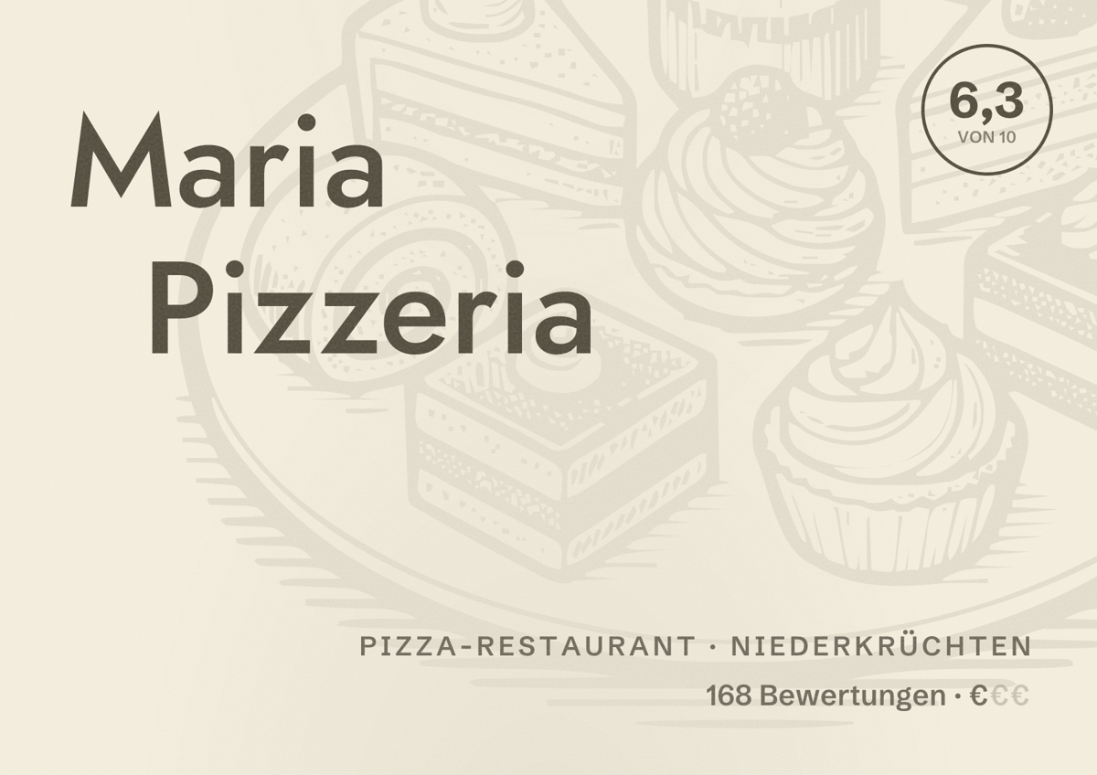 Illustriertes Poster von Maria Pizzeria, Pizza-Restaurant in Niederkrüchten: Bewertung 6,3 von 10 aus 168 Bewertungen, Preisniveau €