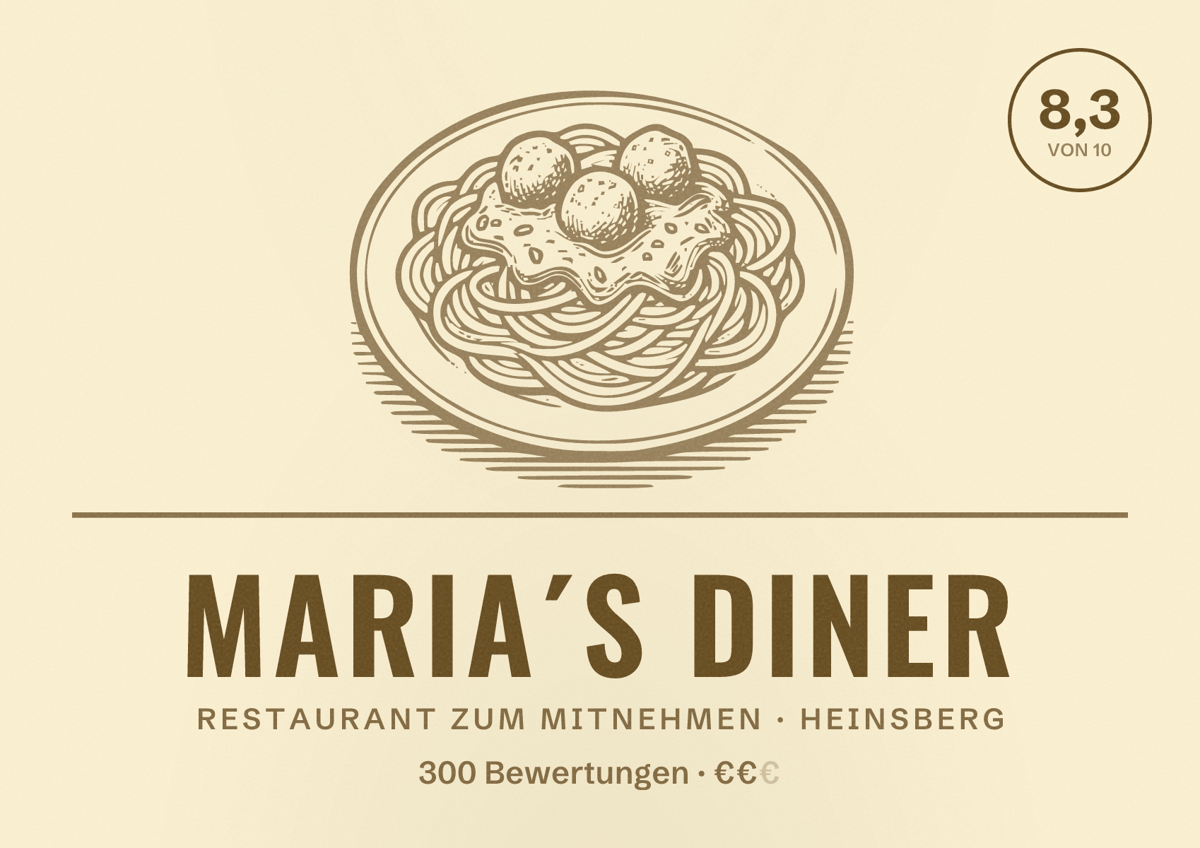 Illustriertes Poster von Maria´s Diner, Restaurant zum Mitnehmen in Heinsberg: Bewertung 8,3 von 10 aus 300 Bewertungen, Preisniveau €€