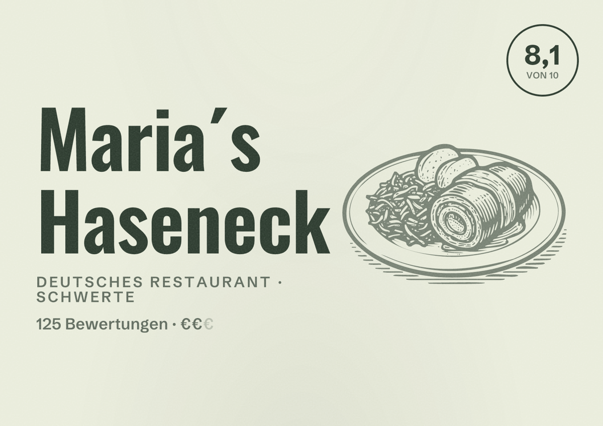 Illustriertes Poster von Maria´s Haseneck, Deutsches Restaurant in Schwerte: Bewertung 8,1 von 10 aus 125 Bewertungen, Preisniveau €€
