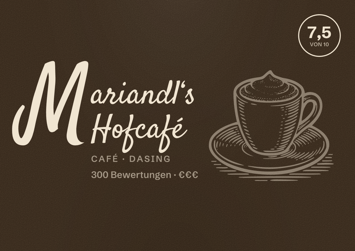 Illustriertes Poster von Mariandl‘s Hofcafé, Café in Dasing: Bewertung 7,5 von 10 aus 300 Bewertungen, Preisniveau €€€