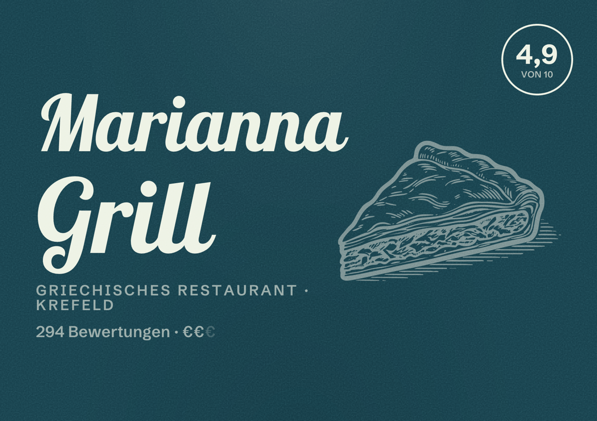 Illustriertes Poster von Marianna Grill, Griechisches Restaurant in Krefeld: Bewertung 4,9 von 10 aus 294 Bewertungen, Preisniveau €€