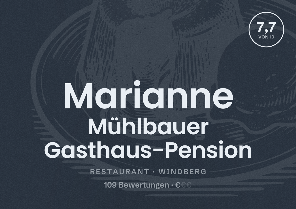 Illustriertes Poster von Marianne Mühlbauer Gasthaus-Pension, Restaurant in Windberg: Bewertung 7,7 von 10 aus 109 Bewertungen, Preisniveau €