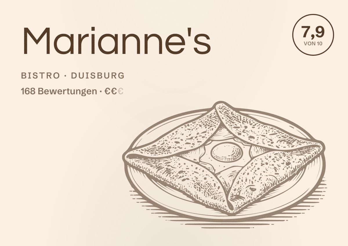 Illustriertes Poster von Marianne's, Bistro in Duisburg: Bewertung 7,9 von 10 aus 168 Bewertungen, Preisniveau €€