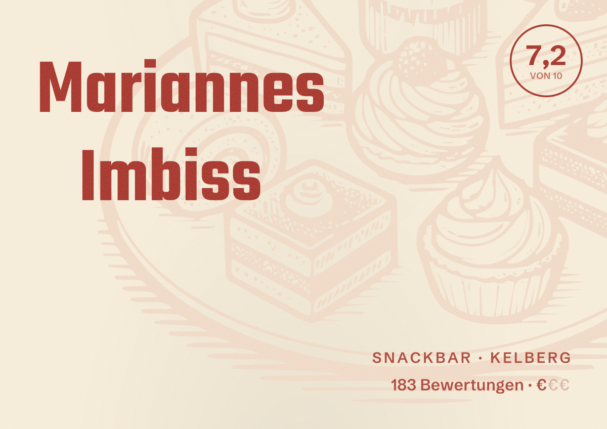 Illustriertes Poster von Mariannes Imbiss, Snackbar in Kelberg: Bewertung 7,2 von 10 aus 183 Bewertungen, Preisniveau €
