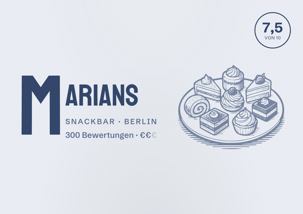 Illustriertes Poster von Marians, Snackbar in Berlin: Bewertung 7,5 von 10 aus 300 Bewertungen, Preisniveau €€