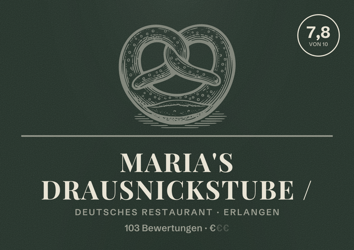 Illustriertes Poster von Maria's Drausnickstube /, Deutsches Restaurant in Erlangen: Bewertung 7,8 von 10 aus 103 Bewertungen, Preisniveau €