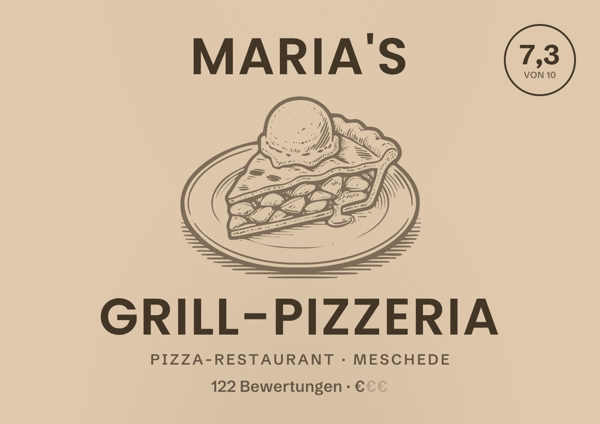 Illustriertes Poster von Maria's Grill-Pizzeria, Pizza-Restaurant in Meschede: Bewertung 7,3 von 10 aus 122 Bewertungen, Preisniveau €