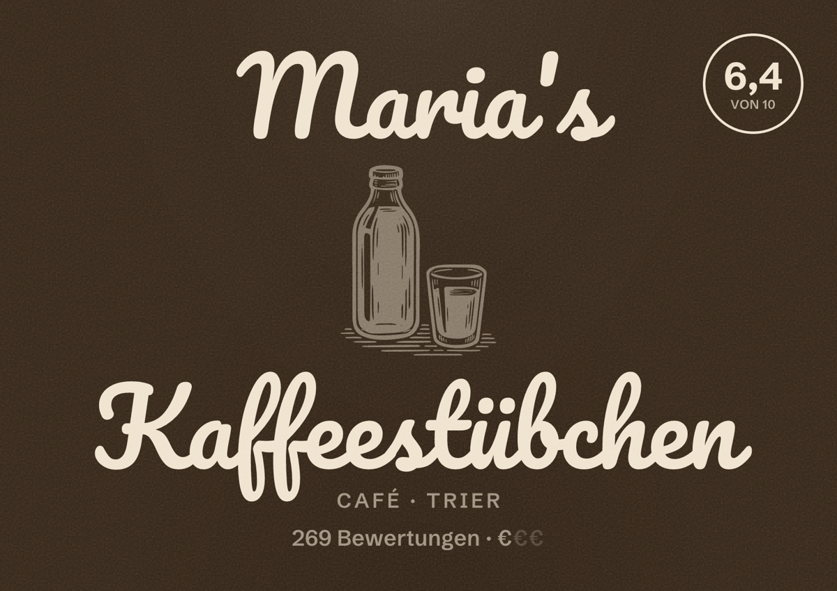 Illustriertes Poster von Maria's Kaffeestübchen, Café in Trier: Bewertung 6,4 von 10 aus 269 Bewertungen, Preisniveau €