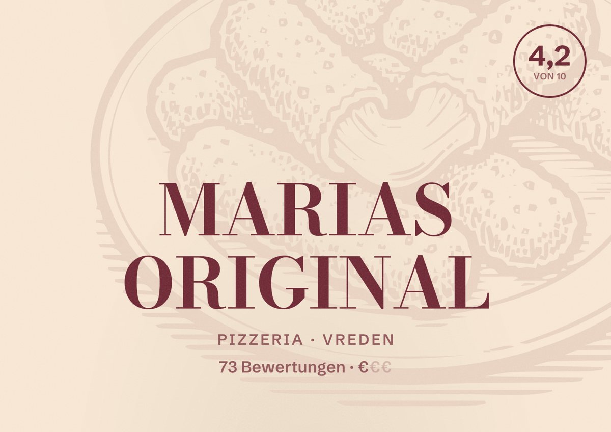 Illustriertes Poster von MARIAS ORIGINAL, Pizzeria in Vreden: Bewertung 4,2 von 10 aus 73 Bewertungen, Preisniveau €